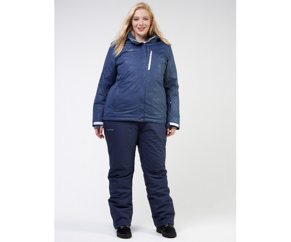 Женский зимний костюм горнолыжный большого размера темно-синего цвета 021982TS