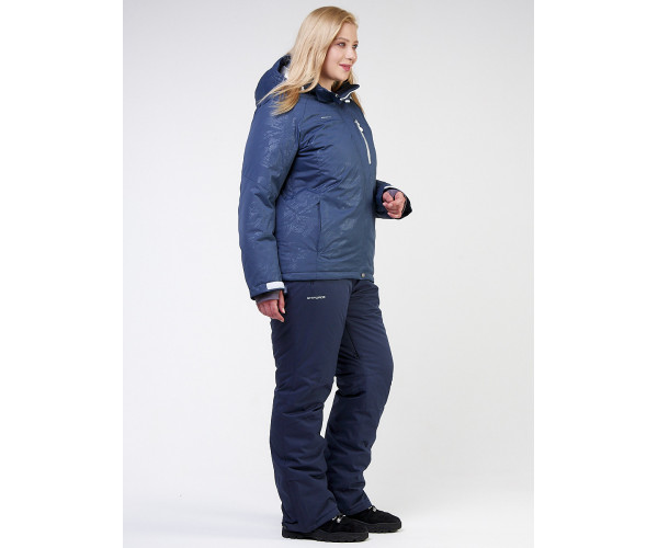 Женский зимний костюм горнолыжный большого размера темно-синего цвета 021982TS
