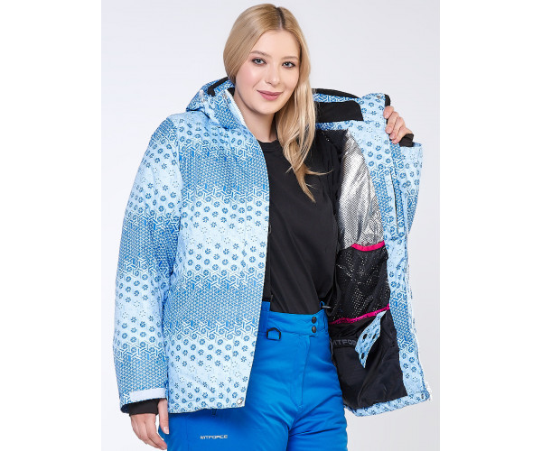 Женская зимняя горнолыжная куртка большого размера голубого цвета 1830Gl