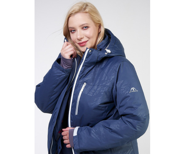 Женский зимний костюм горнолыжный большого размера темно-синего цвета 021982TS