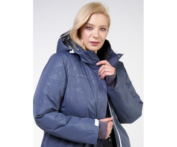Женская зимняя горнолыжная куртка большого размера синего цвета 21982S