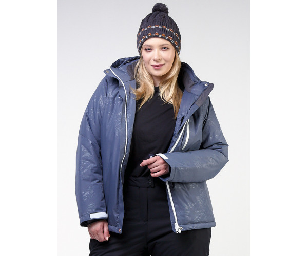 Женская зимняя горнолыжная куртка большого размера синего цвета 21982S