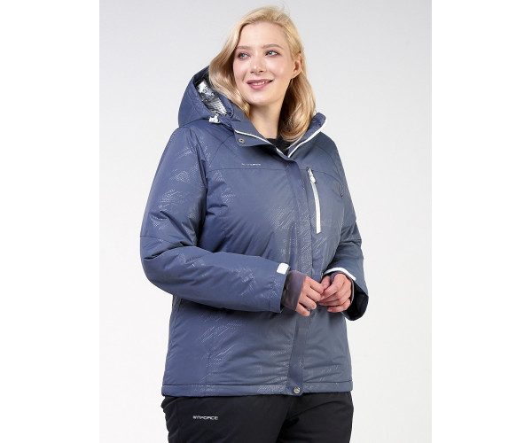 Женская зимняя горнолыжная куртка большого размера синего цвета 21982S