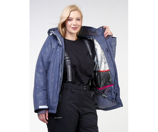 Женская зимняя горнолыжная куртка большого размера синего цвета 21982S