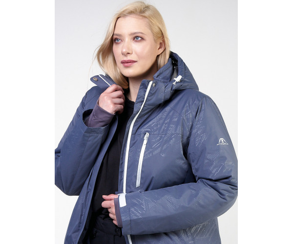Женская зимняя горнолыжная куртка большого размера синего цвета 21982S