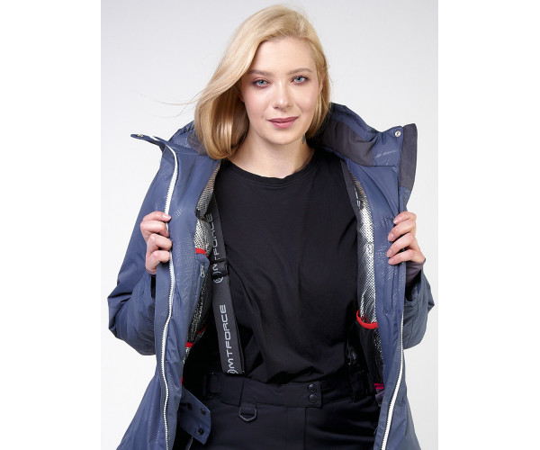 Женская зимняя горнолыжная куртка большого размера синего цвета 21982S