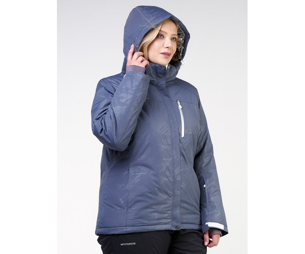 Женская зимняя горнолыжная куртка большого размера синего цвета 21982S