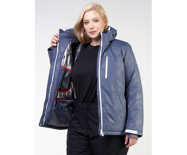 Женская зимняя горнолыжная куртка большого размера синего цвета 21982S