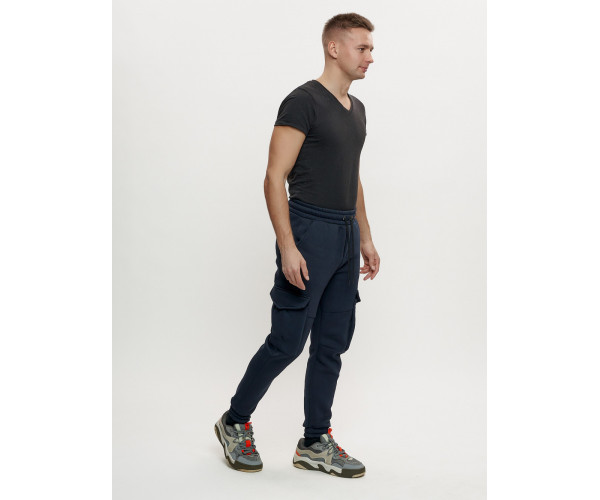 Брюки джоггеры с начесом мужские зимние темно-синего цвета 1095TS