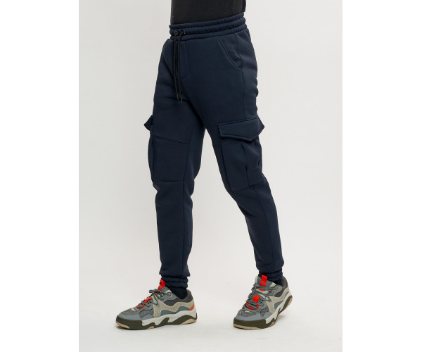 Брюки джоггеры с начесом мужские зимние темно-синего цвета 1095TS