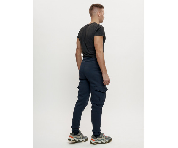 Брюки джоггеры с начесом мужские зимние темно-синего цвета 1095TS