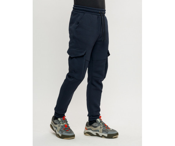 Брюки джоггеры с начесом мужские зимние темно-синего цвета 1095TS