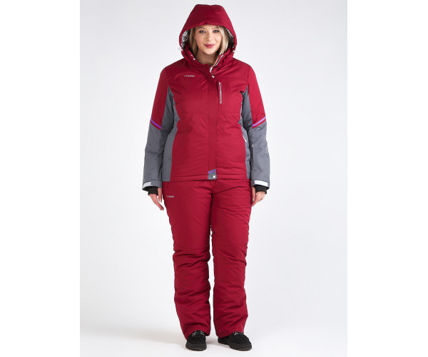 Женский зимний костюм горнолыжный большого размера бордового цвета 01934Bo