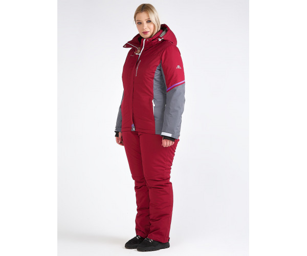 Женский зимний костюм горнолыжный большого размера бордового цвета 01934Bo