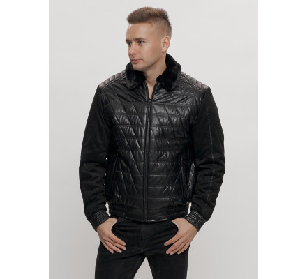 Классическая куртка кожанные мужская черного цвета 2499Ch