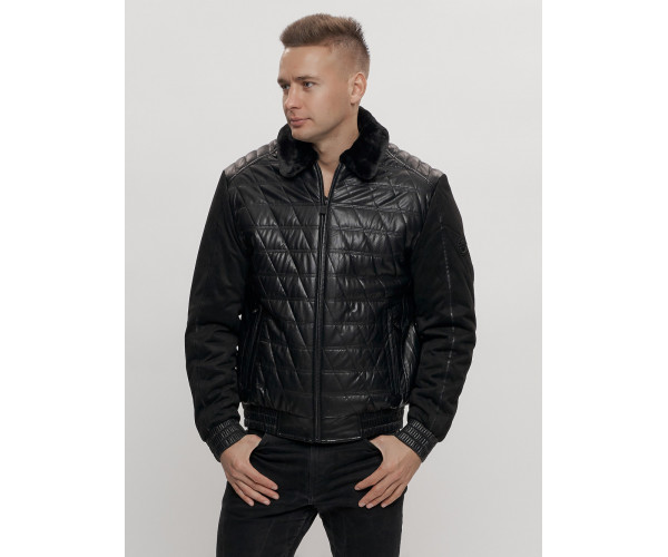 Классическая куртка кожанные мужская черного цвета 2499Ch