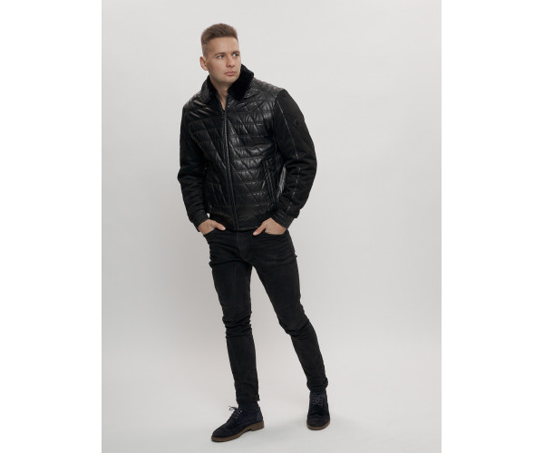 Классическая куртка кожанные мужская черного цвета 2499Ch