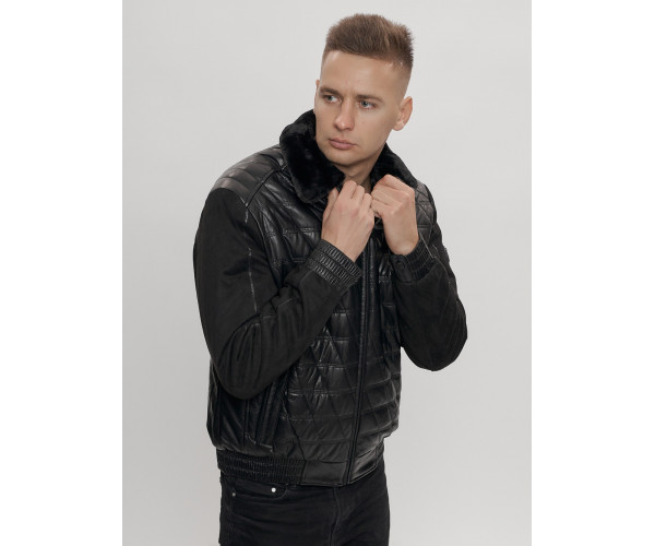 Классическая куртка кожанные мужская черного цвета 2499Ch