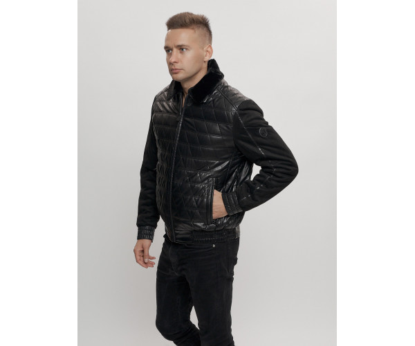 Классическая куртка кожанные мужская черного цвета 2499Ch