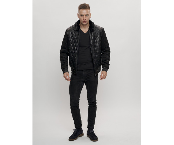 Классическая куртка кожанные мужская черного цвета 2499Ch