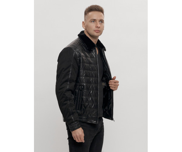 Классическая куртка кожанные мужская черного цвета 2499Ch