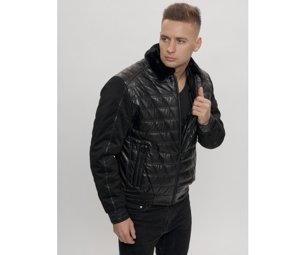Классическая куртка кожанные мужская черного цвета 2499Ch