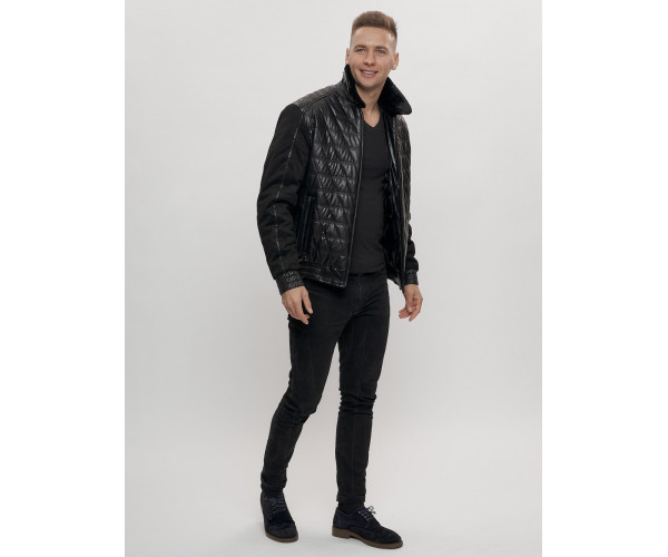 Классическая куртка кожанные мужская черного цвета 2499Ch