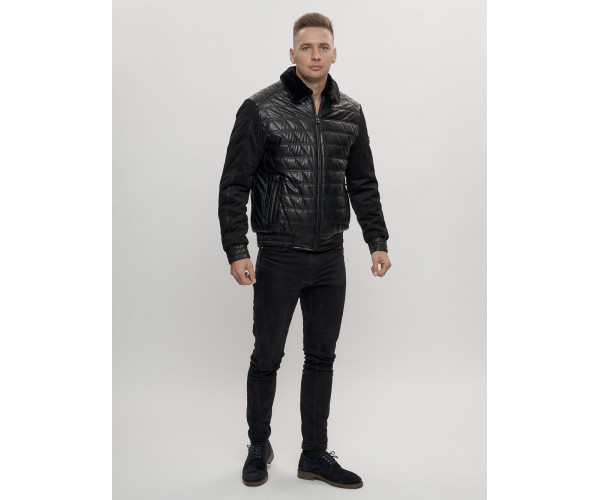 Классическая куртка кожанные мужская черного цвета 2499Ch