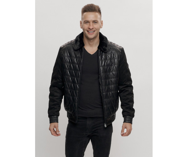Классическая куртка кожанные мужская черного цвета 2499Ch