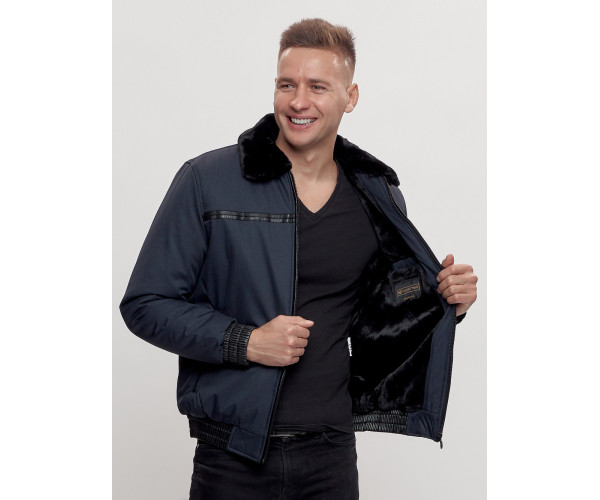 Куртка классическая с мехом мужская темно-синего цвета 2917TS