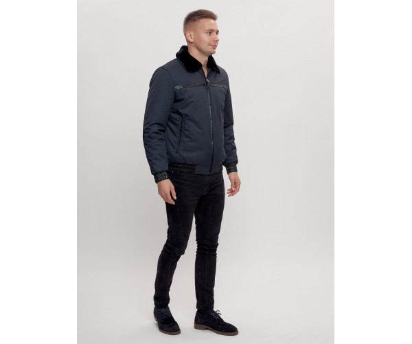 Куртка классическая с мехом мужская темно-синего цвета 2917TS