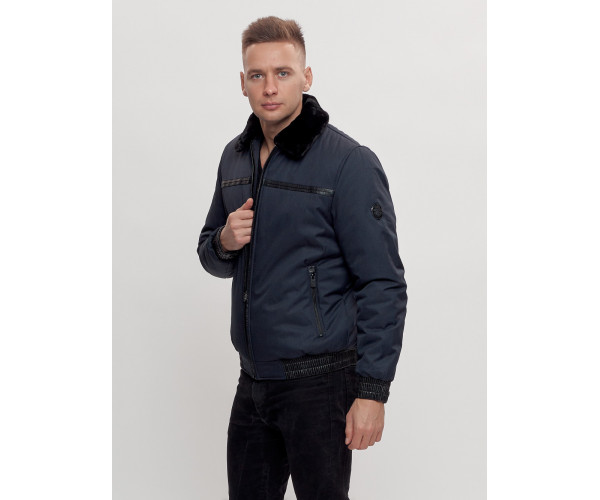 Куртка классическая с мехом мужская темно-синего цвета 2917TS
