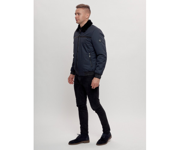 Куртка классическая с мехом мужская темно-синего цвета 2917TS