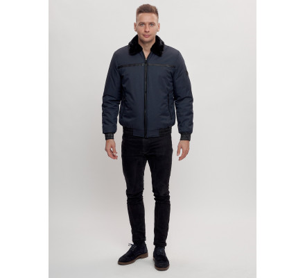 Куртка классическая с мехом мужская темно-синего цвета 2917TS