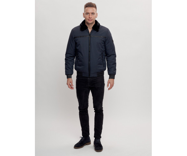 Куртка классическая с мехом мужская темно-синего цвета 2917TS