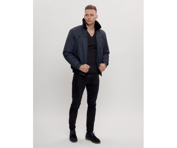 Куртка классическая с мехом мужская темно-синего цвета 2917TS