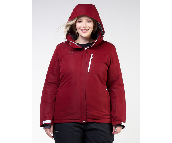 Женская зимняя горнолыжная куртка большого размера бордового цвета 11982Bo