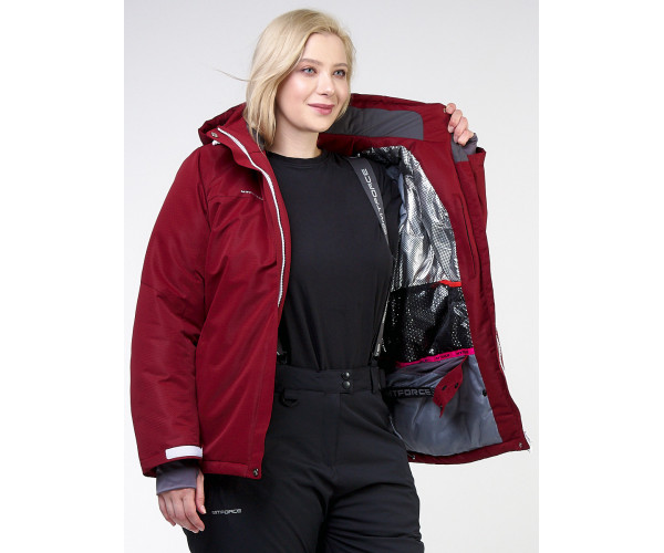 Женский зимний костюм горнолыжный большого размера бордового цвета 011982Bo