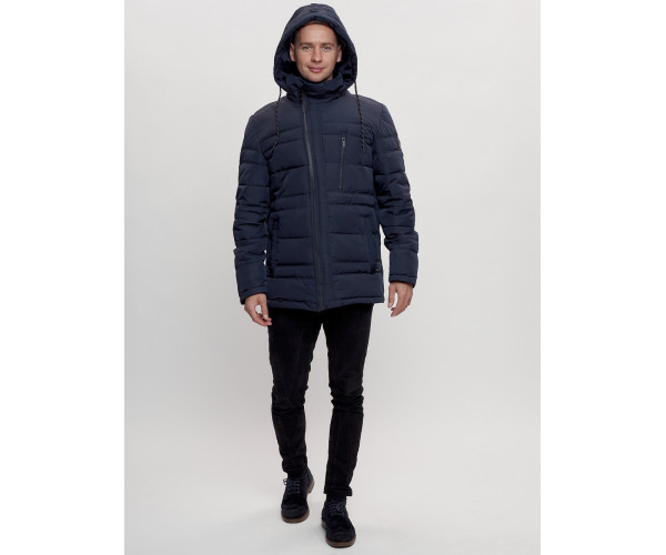 Куртка классическая с мехом мужская темно-синего цвета 3166TS