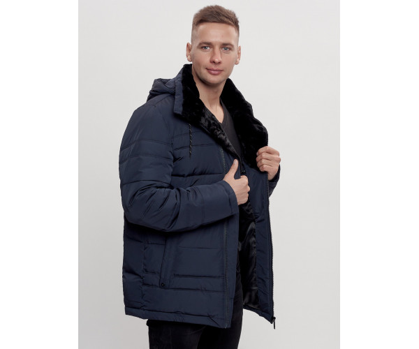 Куртка классическая с мехом мужская темно-синего цвета 3166TS