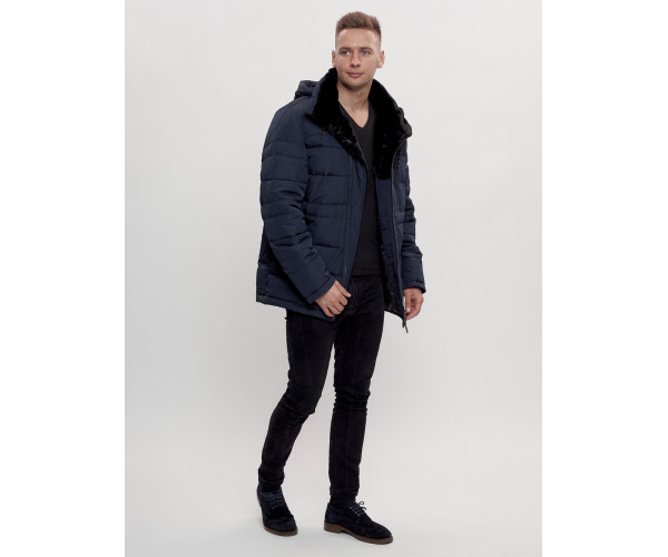 Куртка классическая с мехом мужская темно-синего цвета 3166TS