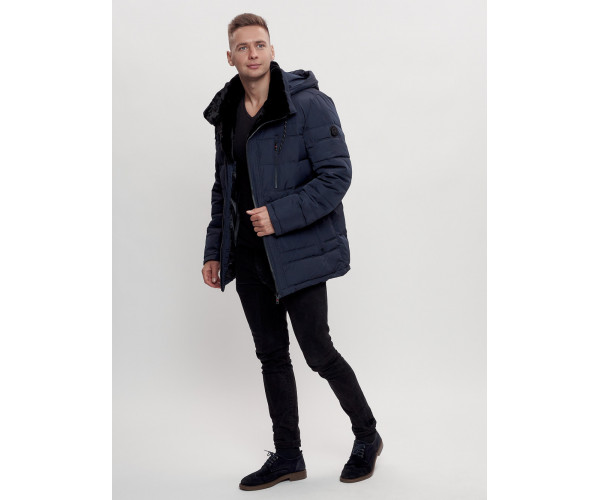 Куртка классическая с мехом мужская темно-синего цвета 3166TS
