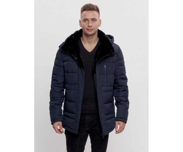 Куртка классическая с мехом мужская темно-синего цвета 3166TS