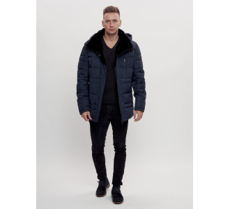 Куртка классическая с мехом мужская темно-синего цвета 3166TS