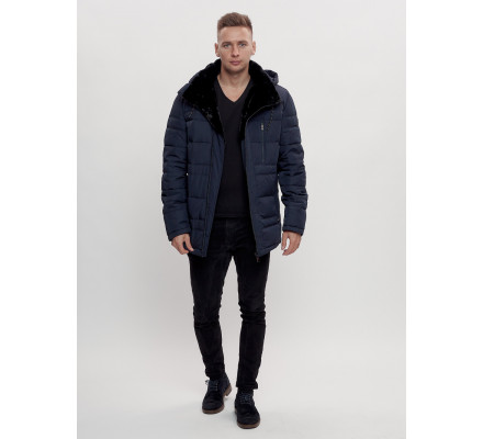 Куртка классическая с мехом мужская темно-синего цвета 3166TS