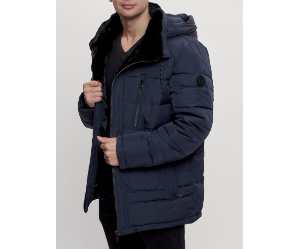 Куртка классическая с мехом мужская темно-синего цвета 3166TS
