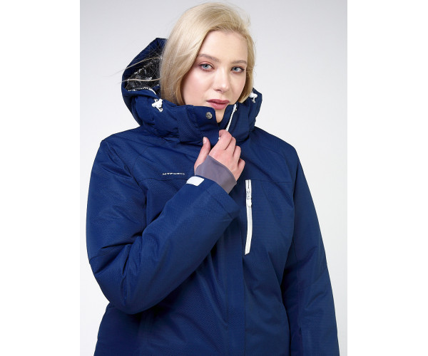 Женский зимний костюм горнолыжный большого размера темно-синего цвета 011982TS