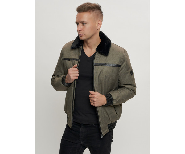 Куртка классическая с мехом мужская цвета хаки 2917Kh