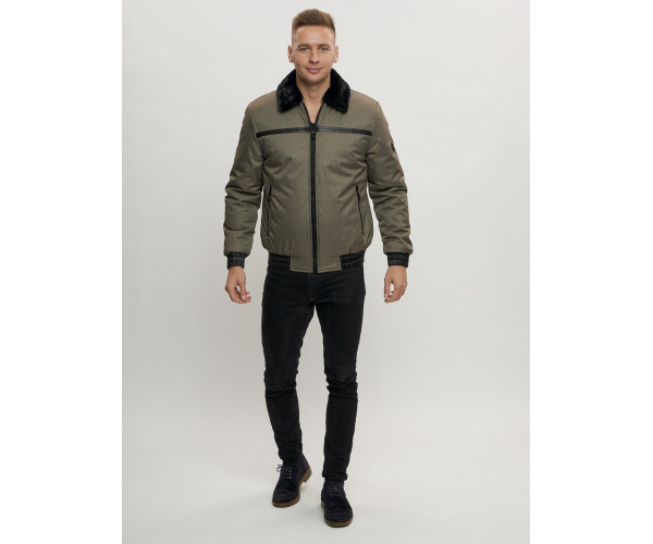 Куртка классическая с мехом мужская цвета хаки 2917Kh