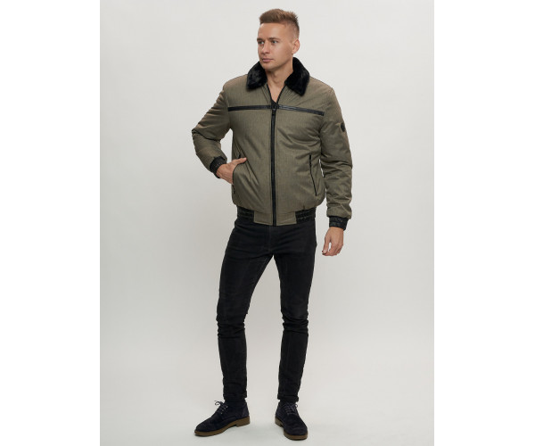 Куртка классическая с мехом мужская цвета хаки 2917Kh